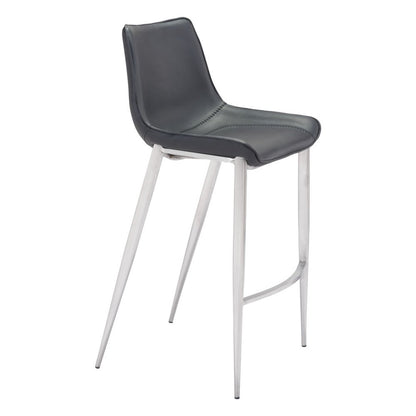 Set of Two 30" Black And Silver Faux Leather And Steel Low Back Bar Height Bar Chairs