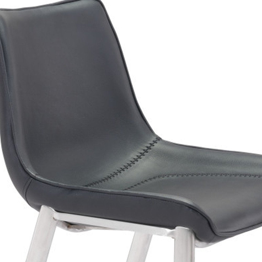 Set of Two 30" Black And Silver Faux Leather And Steel Low Back Bar Height Bar Chairs