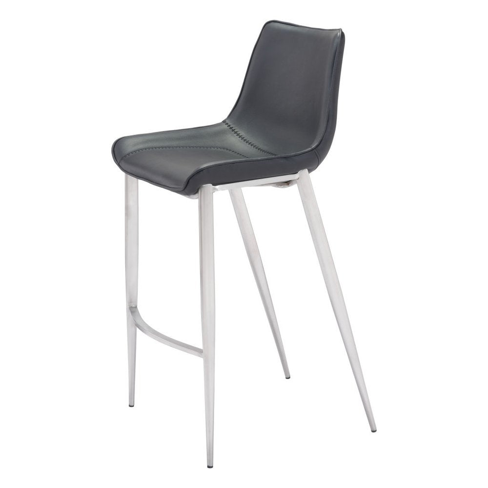 Set of Two 30" Black And Silver Faux Leather And Steel Low Back Bar Height Bar Chairs