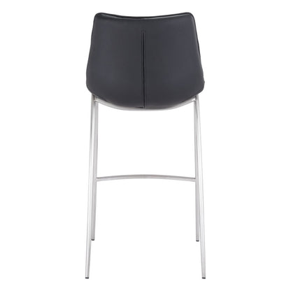 Set of Two 30" Black And Silver Faux Leather And Steel Low Back Bar Height Bar Chairs