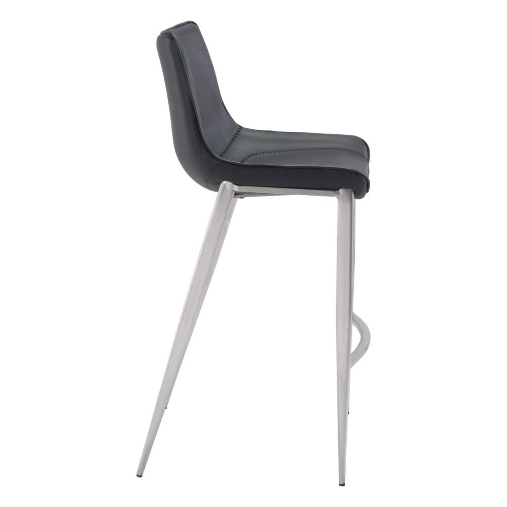 Set of Two 30" Black And Silver Faux Leather And Steel Low Back Bar Height Bar Chairs