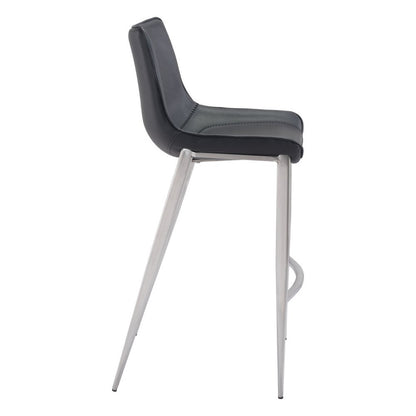 Set of Two 30" Black And Silver Faux Leather And Steel Low Back Bar Height Bar Chairs