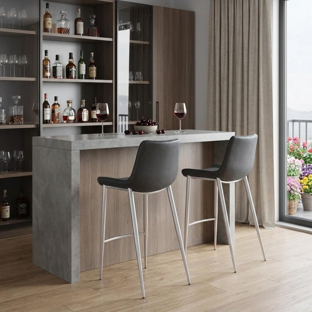 Set of Two 30" Black And Silver Faux Leather And Steel Low Back Bar Height Bar Chairs