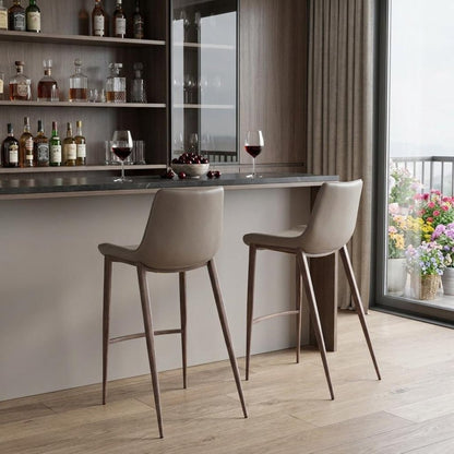 Set of Two 30" Gray And Brown Faux Leather And Steel Low Back Bar Height Bar Chairs