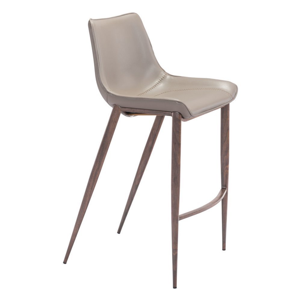 Set of Two 30" Gray And Brown Faux Leather And Steel Low Back Bar Height Bar Chairs
