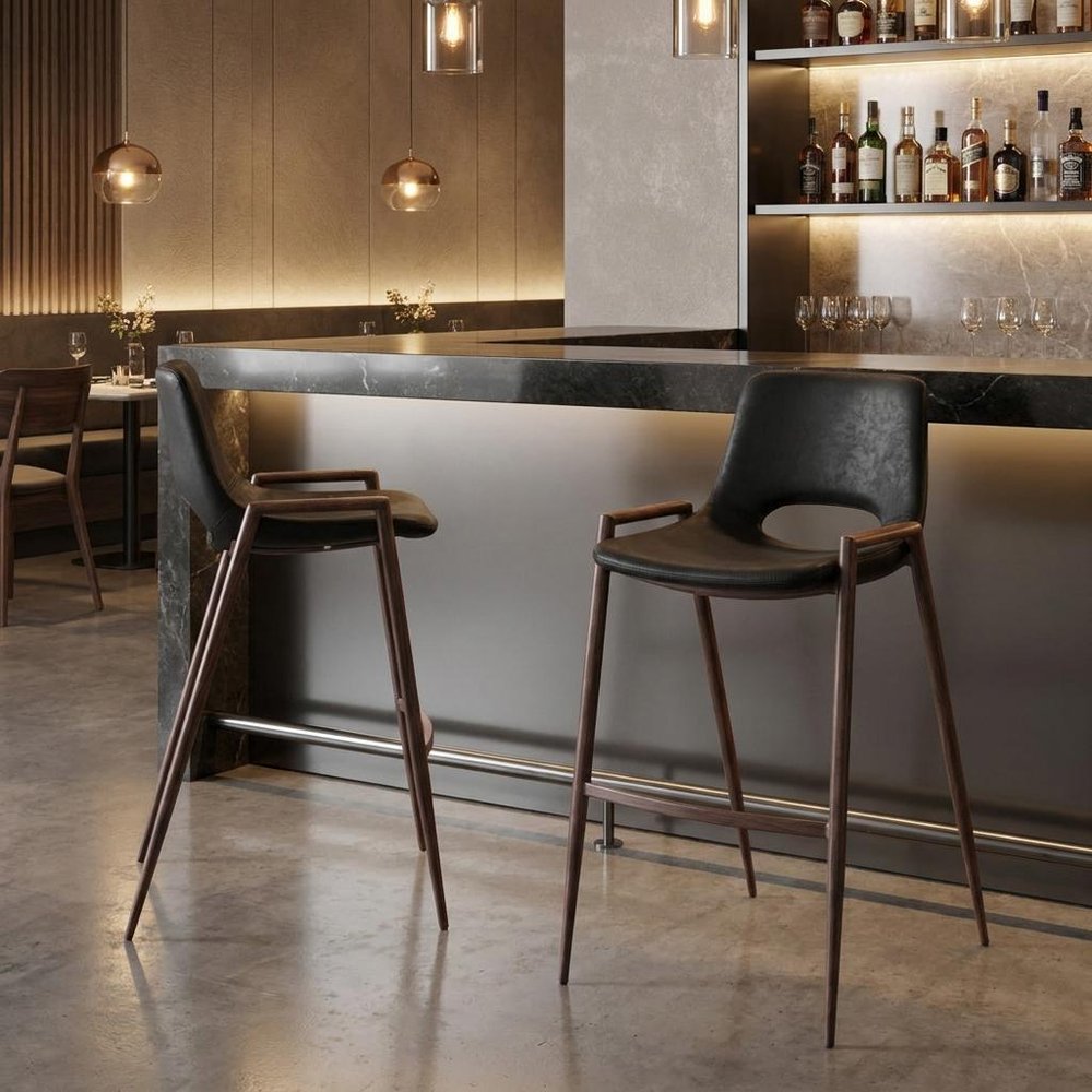 Set of Two 29" Black And Brown Faux Leather And Steel Low Back Bar Height Bar Chairs