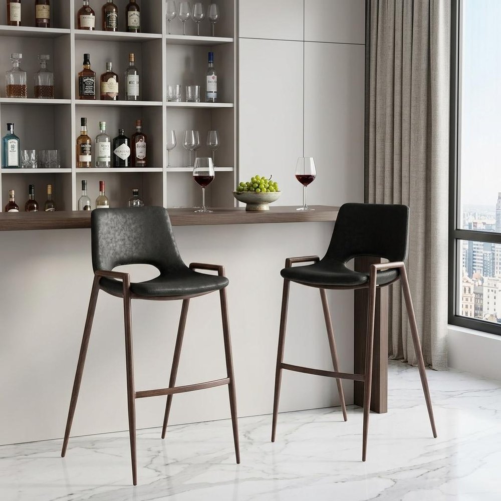 Set of Two 29" Black And Brown Faux Leather And Steel Low Back Bar Height Bar Chairs