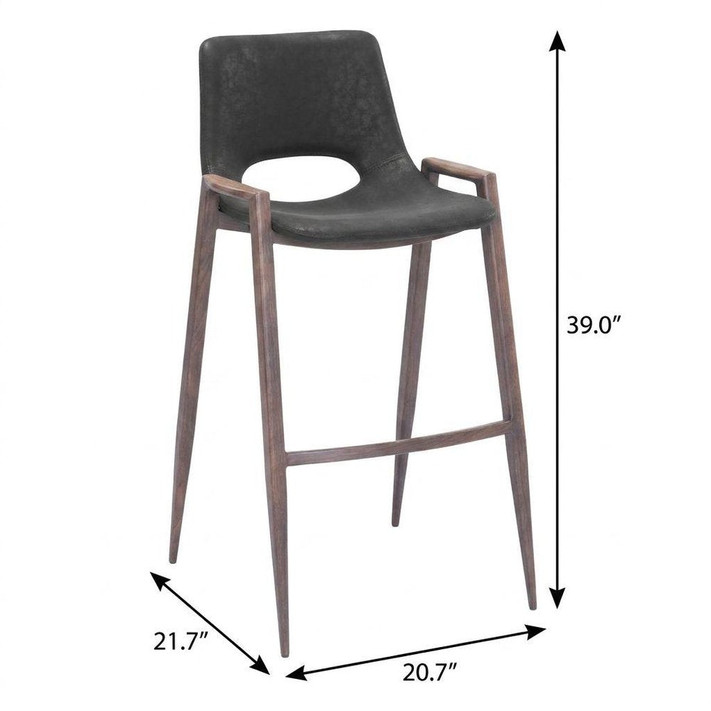 Set of Two 29" Black And Brown Faux Leather And Steel Low Back Bar Height Bar Chairs
