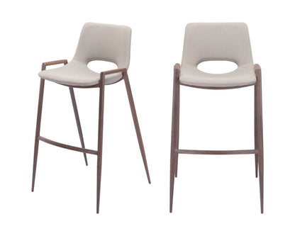 Set of Two 29" Beige And Brown Faux Leather And Steel Low Back Bar Height Bar Chairs