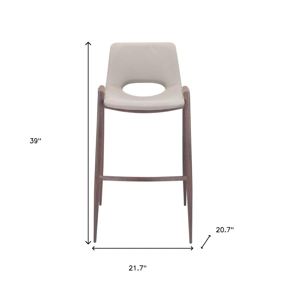 Set of Two 29" Beige And Brown Faux Leather And Steel Low Back Bar Height Bar Chairs