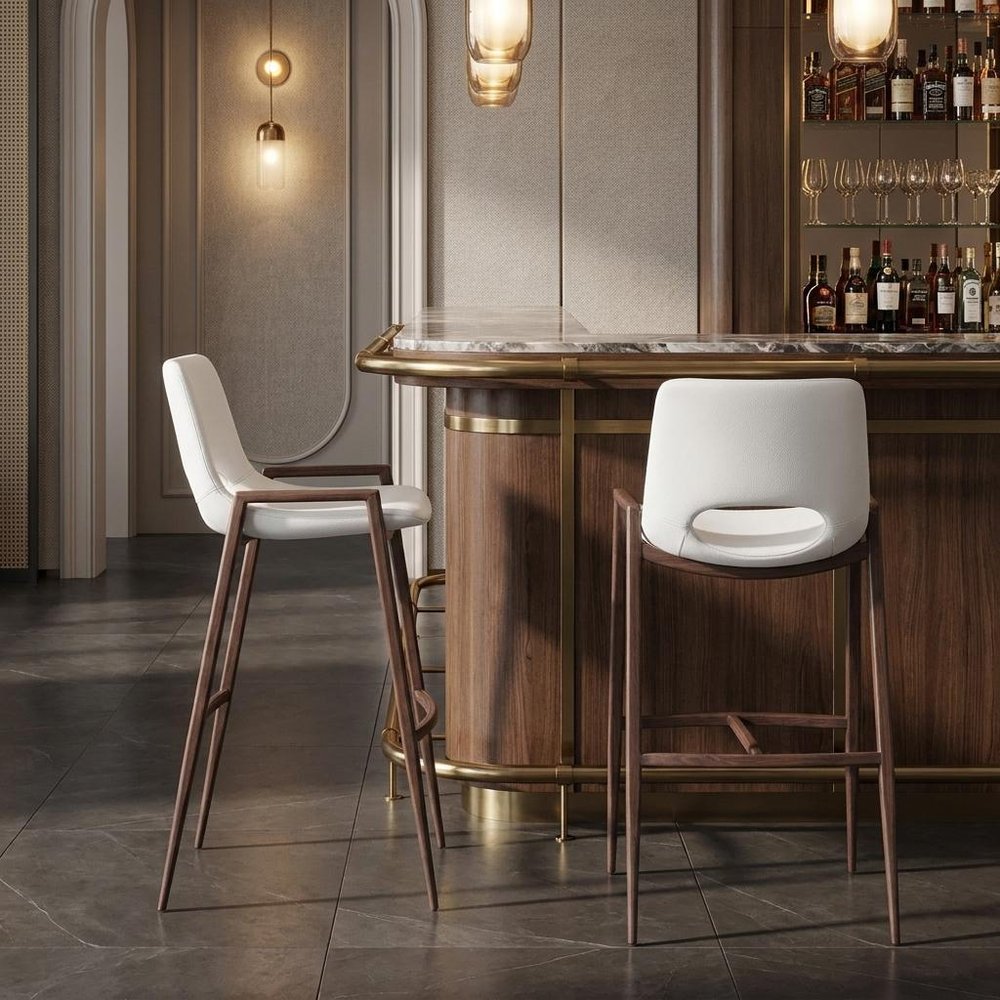 Set of Two 29" Beige And Brown Faux Leather And Steel Low Back Bar Height Bar Chairs