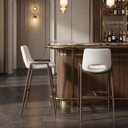 Set of Two 29" Beige And Brown Faux Leather And Steel Low Back Bar Height Bar Chairs