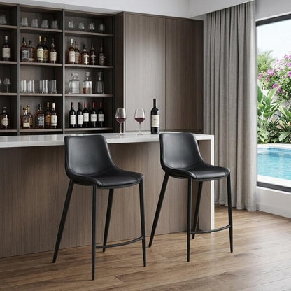 Set of Two 30" Black Faux Leather And Steel Low Back Bar Height Bar Chairs