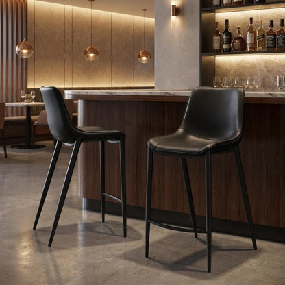 Set of Two 30" Black Faux Leather And Steel Low Back Bar Height Bar Chairs