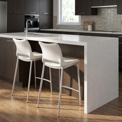 Set of Two 25" White And Silver Faux Leather And Steel Low Back Counter Height Bar Chairs