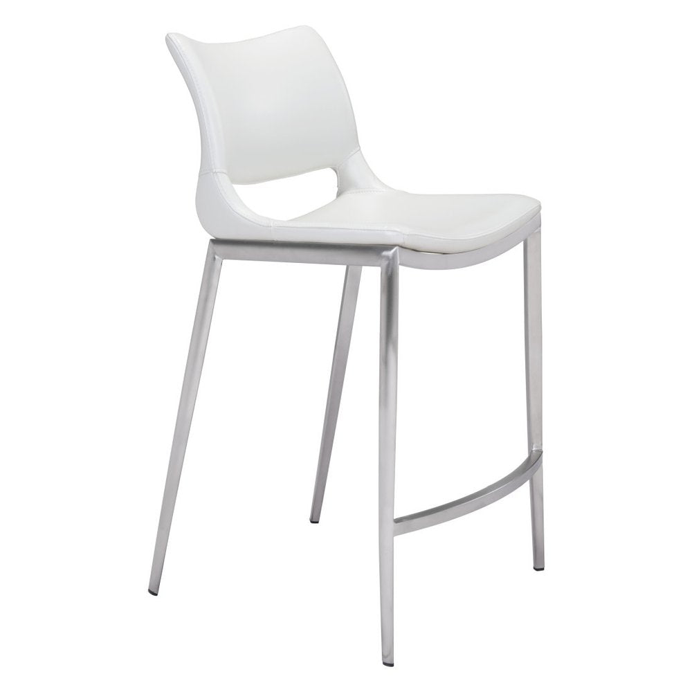 Set of Two 25" White And Silver Faux Leather And Steel Low Back Counter Height Bar Chairs