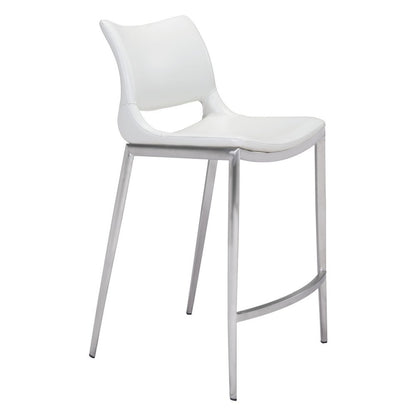 Set of Two 25" White And Silver Faux Leather And Steel Low Back Counter Height Bar Chairs