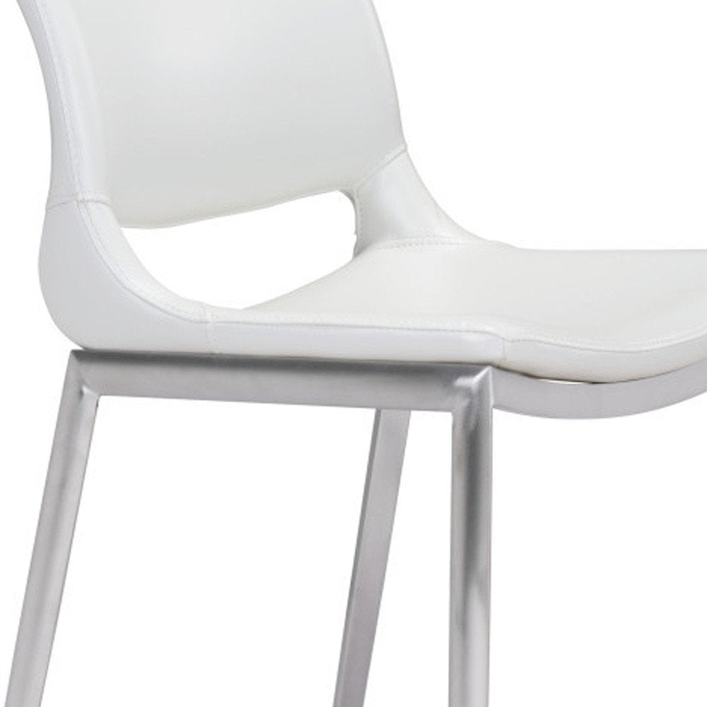 Set of Two 25" White And Silver Faux Leather And Steel Low Back Counter Height Bar Chairs