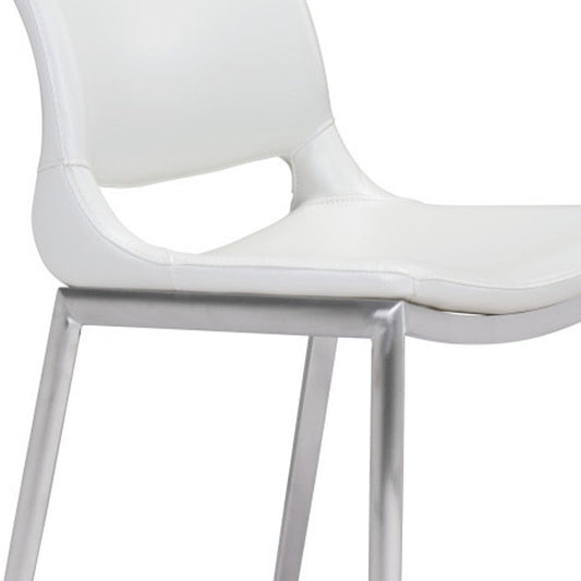 Set of Two 25" White And Silver Faux Leather And Steel Low Back Counter Height Bar Chairs