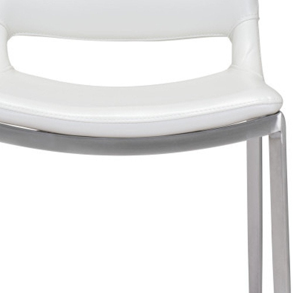 Set of Two 25" White And Silver Faux Leather And Steel Low Back Counter Height Bar Chairs