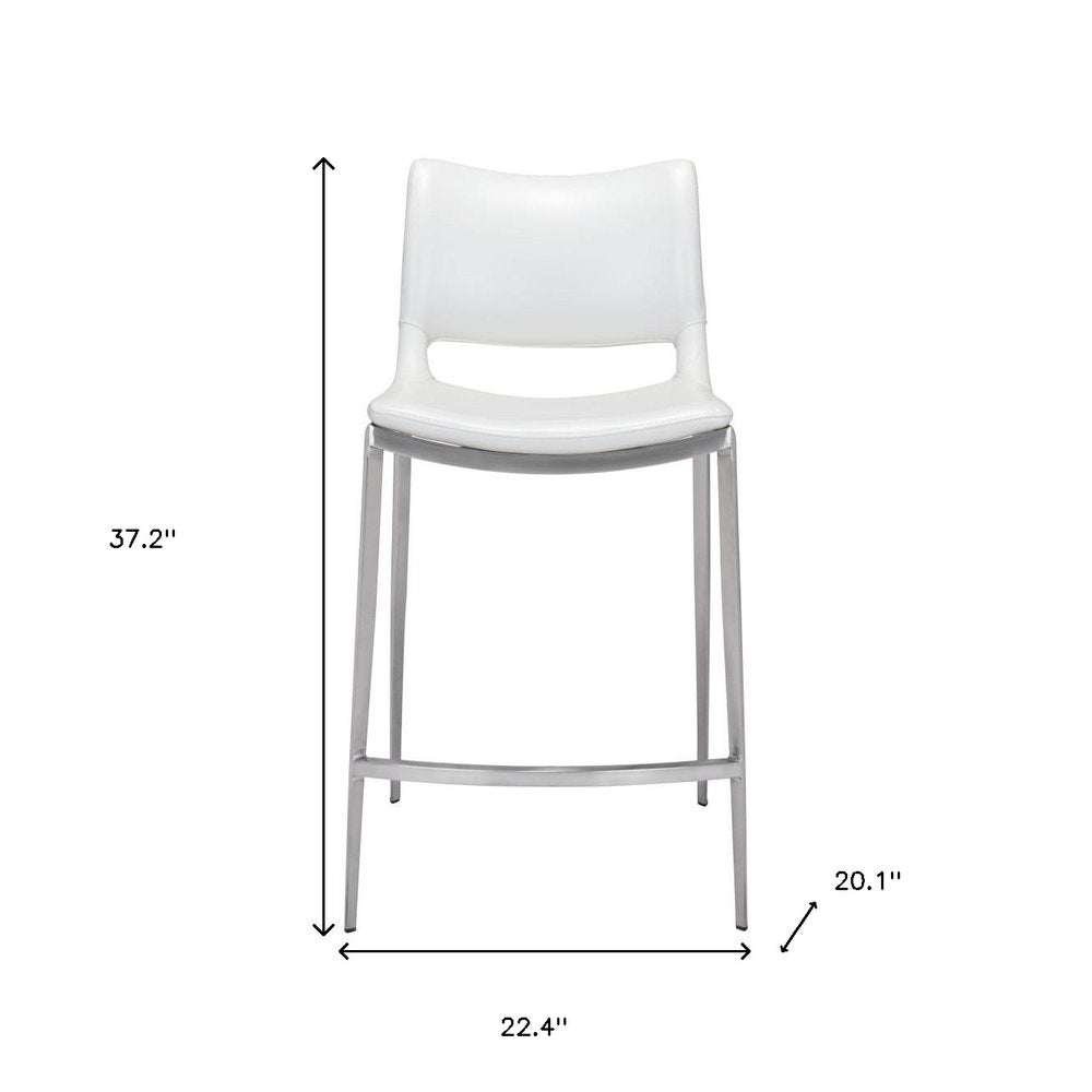 Set of Two 25" White And Silver Faux Leather And Steel Low Back Counter Height Bar Chairs