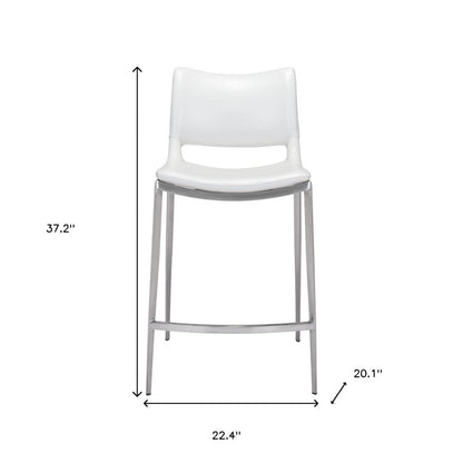 Set of Two 25" White And Silver Faux Leather And Steel Low Back Counter Height Bar Chairs