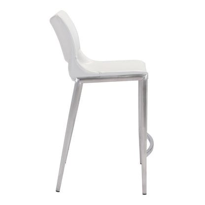 Set of Two 25" White And Silver Faux Leather And Steel Low Back Counter Height Bar Chairs
