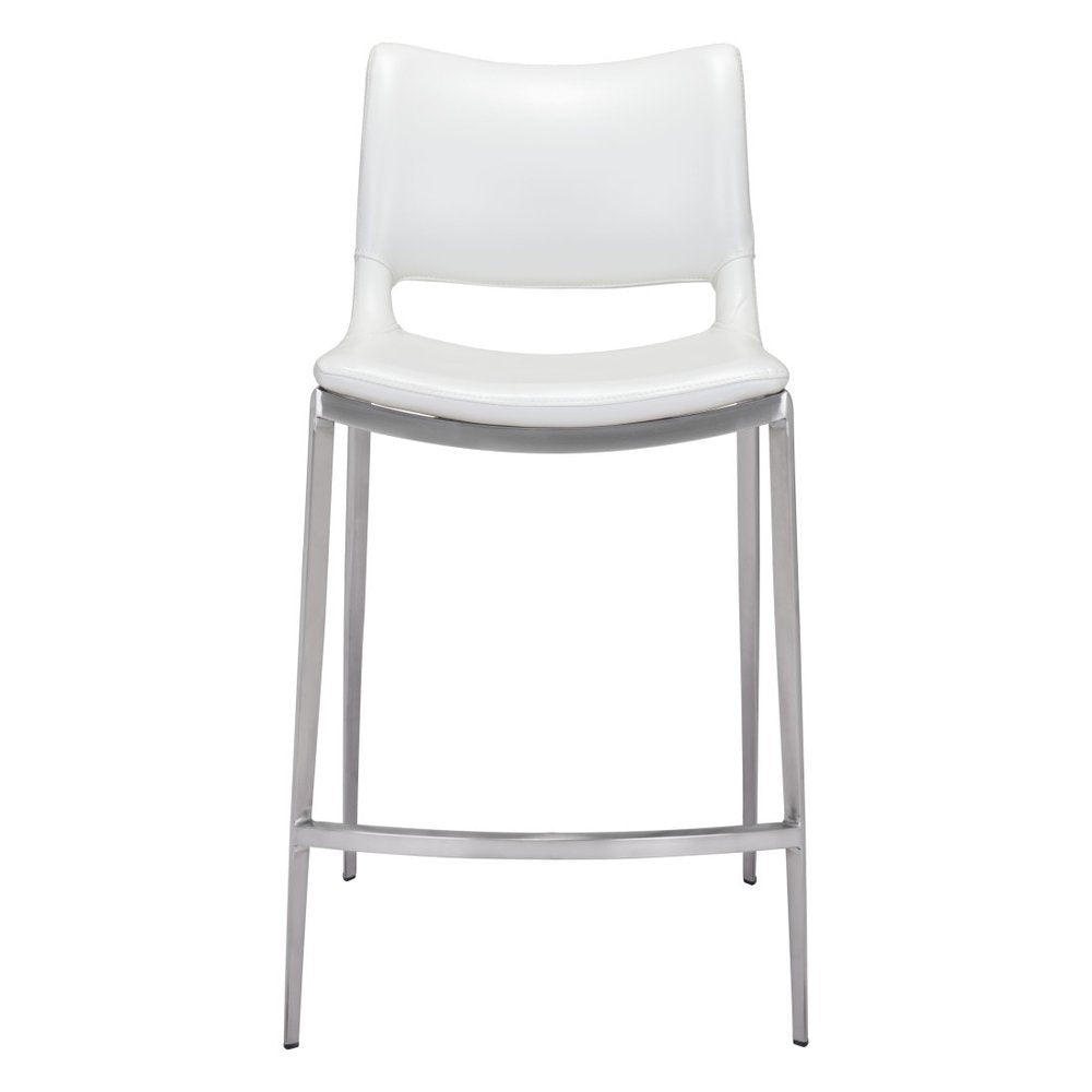 Set of Two 25" White And Silver Faux Leather And Steel Low Back Counter Height Bar Chairs