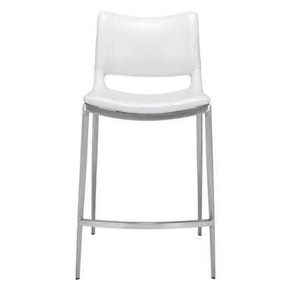 Set of Two 25" White And Silver Faux Leather And Steel Low Back Counter Height Bar Chairs