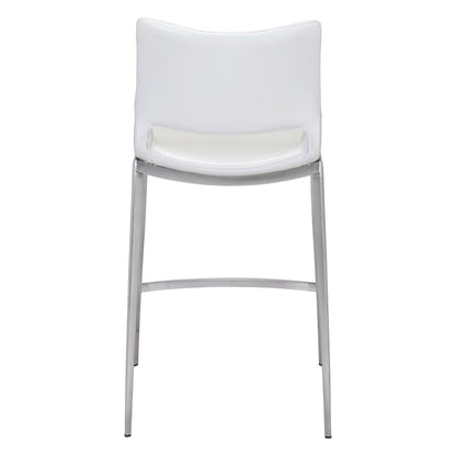 Set of Two 25" White And Silver Faux Leather And Steel Low Back Counter Height Bar Chairs