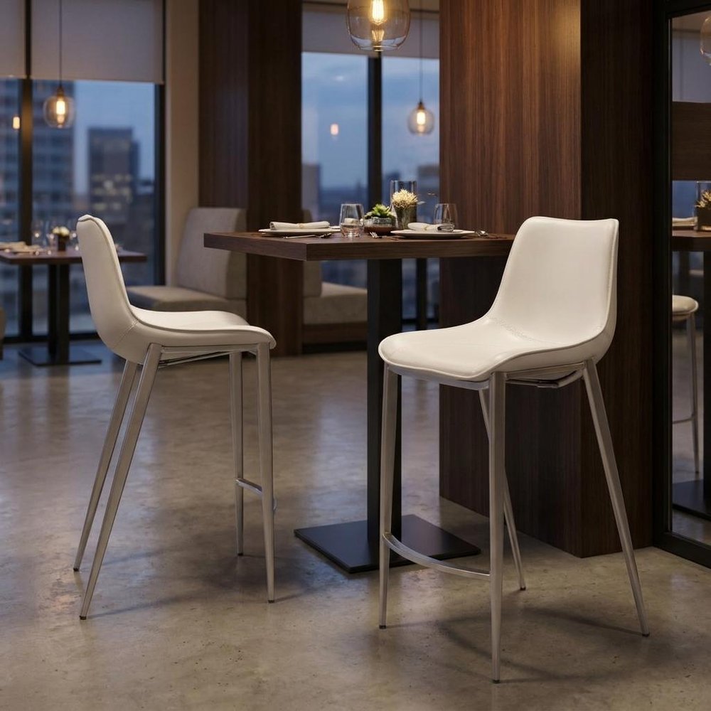 Set of Two 26" White And Silver Faux Leather And Steel Low Back Counter Height Bar Chairs