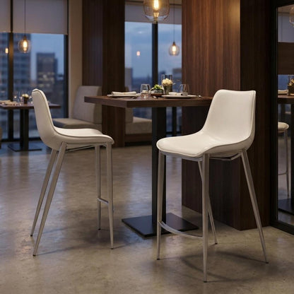 Set of Two 26" White And Silver Faux Leather And Steel Low Back Counter Height Bar Chairs