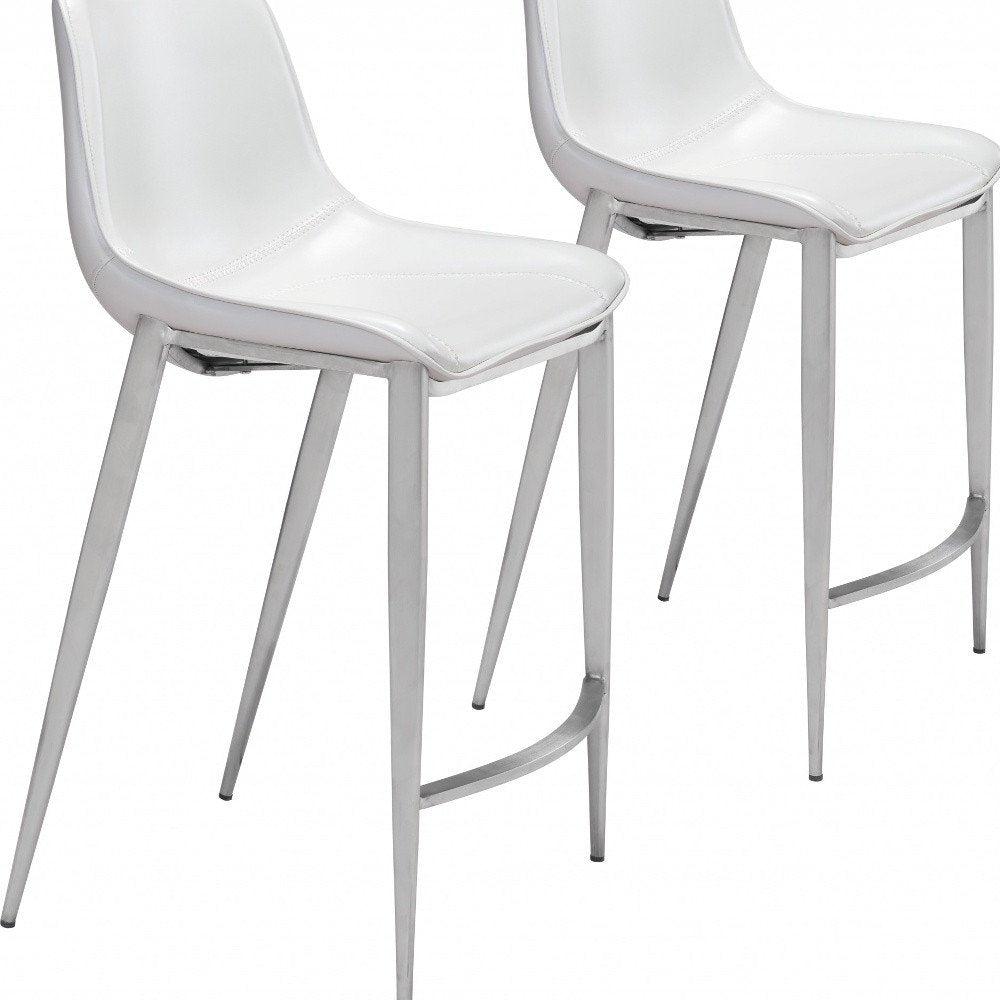 Set of Two 26" White And Silver Faux Leather And Steel Low Back Counter Height Bar Chairs