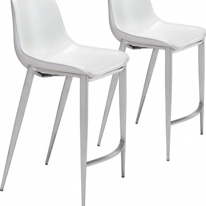 Set of Two 26" White And Silver Faux Leather And Steel Low Back Counter Height Bar Chairs