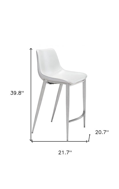 Set of Two 26" White And Silver Faux Leather And Steel Low Back Counter Height Bar Chairs
