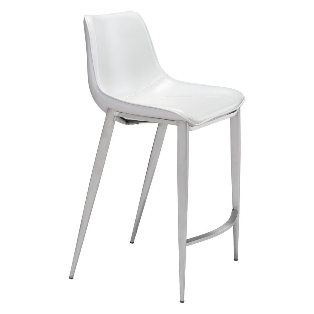 Set of Two 26" White And Silver Faux Leather And Steel Low Back Counter Height Bar Chairs