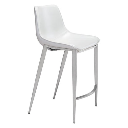 Set of Two 26" White And Silver Faux Leather And Steel Low Back Counter Height Bar Chairs