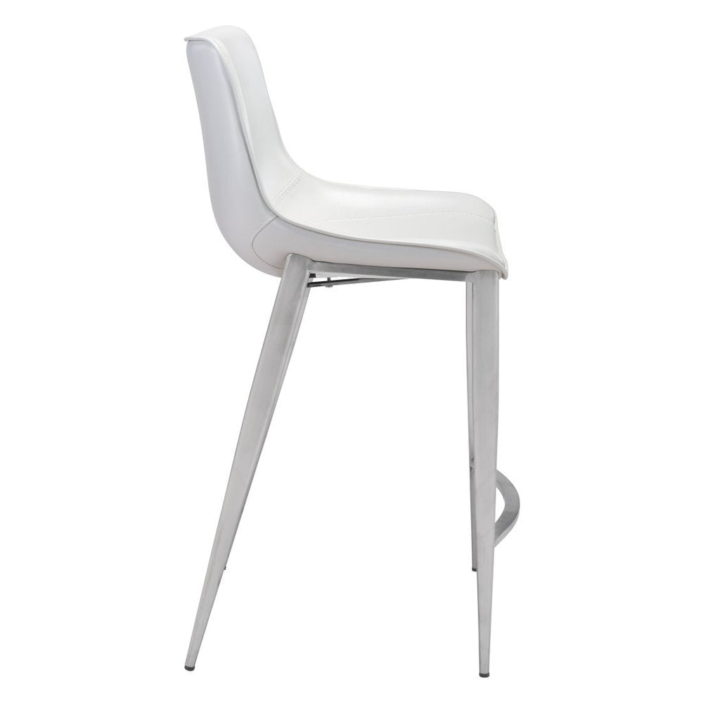 Set of Two 26" White And Silver Faux Leather And Steel Low Back Counter Height Bar Chairs