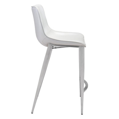Set of Two 26" White And Silver Faux Leather And Steel Low Back Counter Height Bar Chairs
