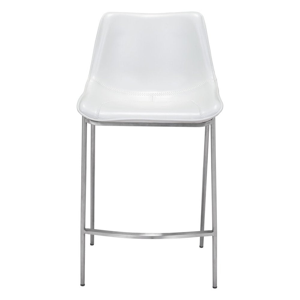 Set of Two 26" White And Silver Faux Leather And Steel Low Back Counter Height Bar Chairs
