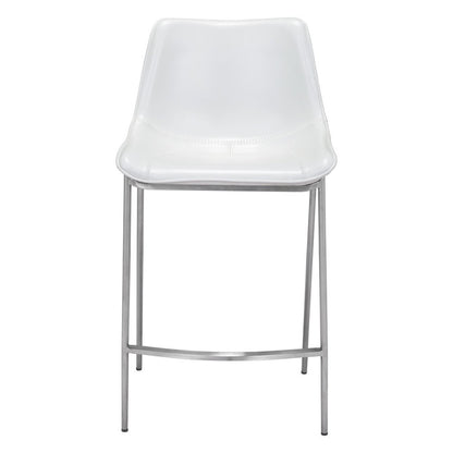 Set of Two 26" White And Silver Faux Leather And Steel Low Back Counter Height Bar Chairs