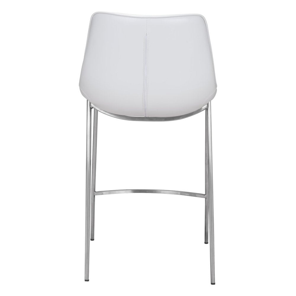 Set of Two 26" White And Silver Faux Leather And Steel Low Back Counter Height Bar Chairs