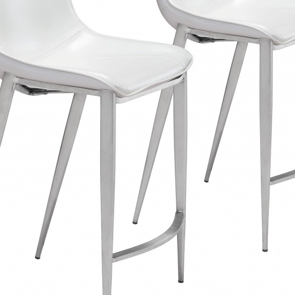 Set of Two 26" White And Silver Faux Leather And Steel Low Back Counter Height Bar Chairs