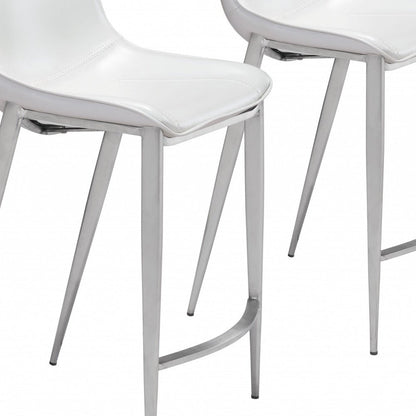 Set of Two 26" White And Silver Faux Leather And Steel Low Back Counter Height Bar Chairs