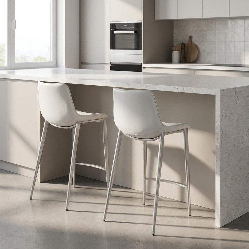 Set of Two 26" White And Silver Faux Leather And Steel Low Back Counter Height Bar Chairs