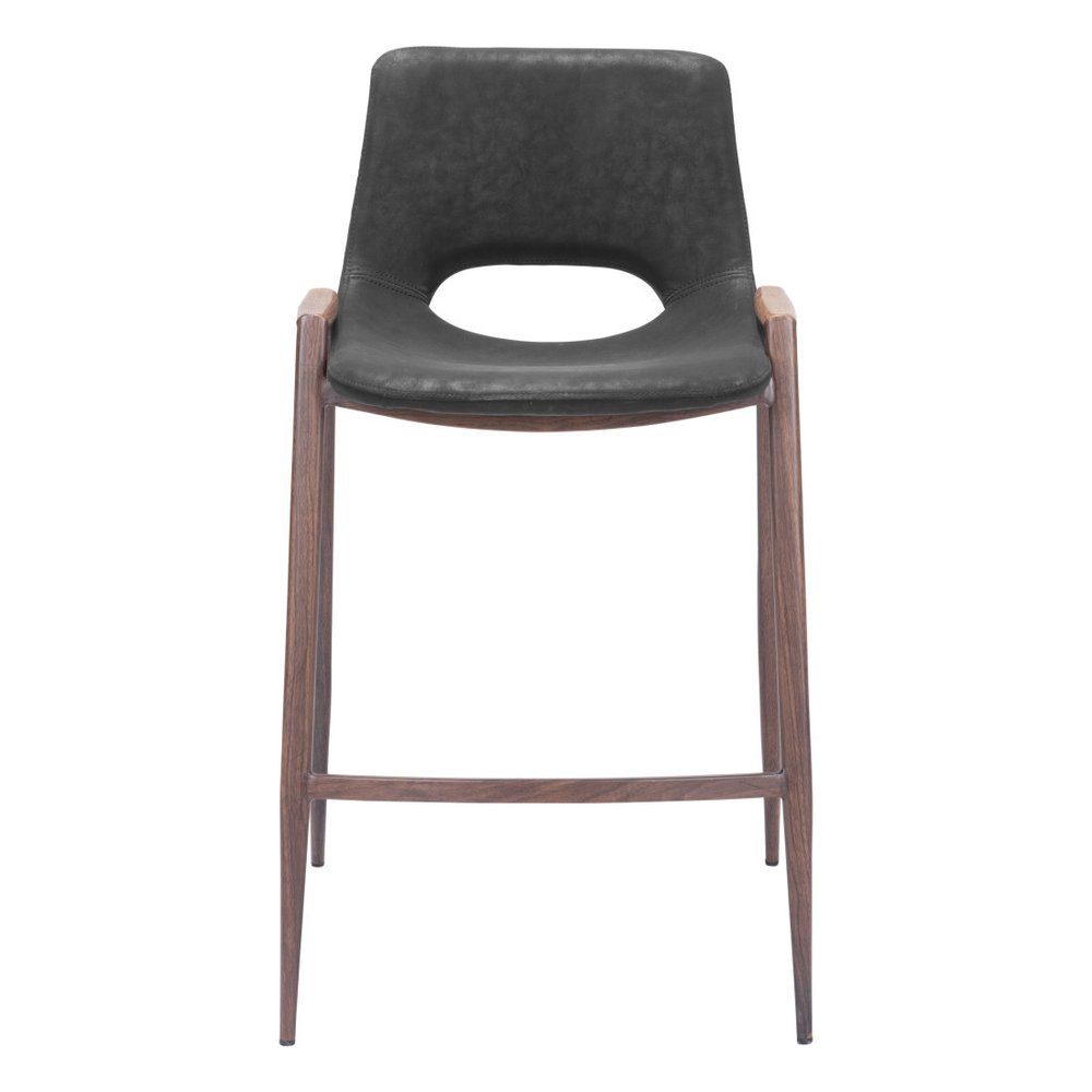Set of Two 26" Black And Brown Faux Leather And Steel Low Back Counter Height Bar Chairs