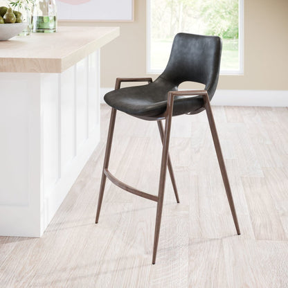 Set of Two 26" Black And Brown Faux Leather And Steel Low Back Counter Height Bar Chairs