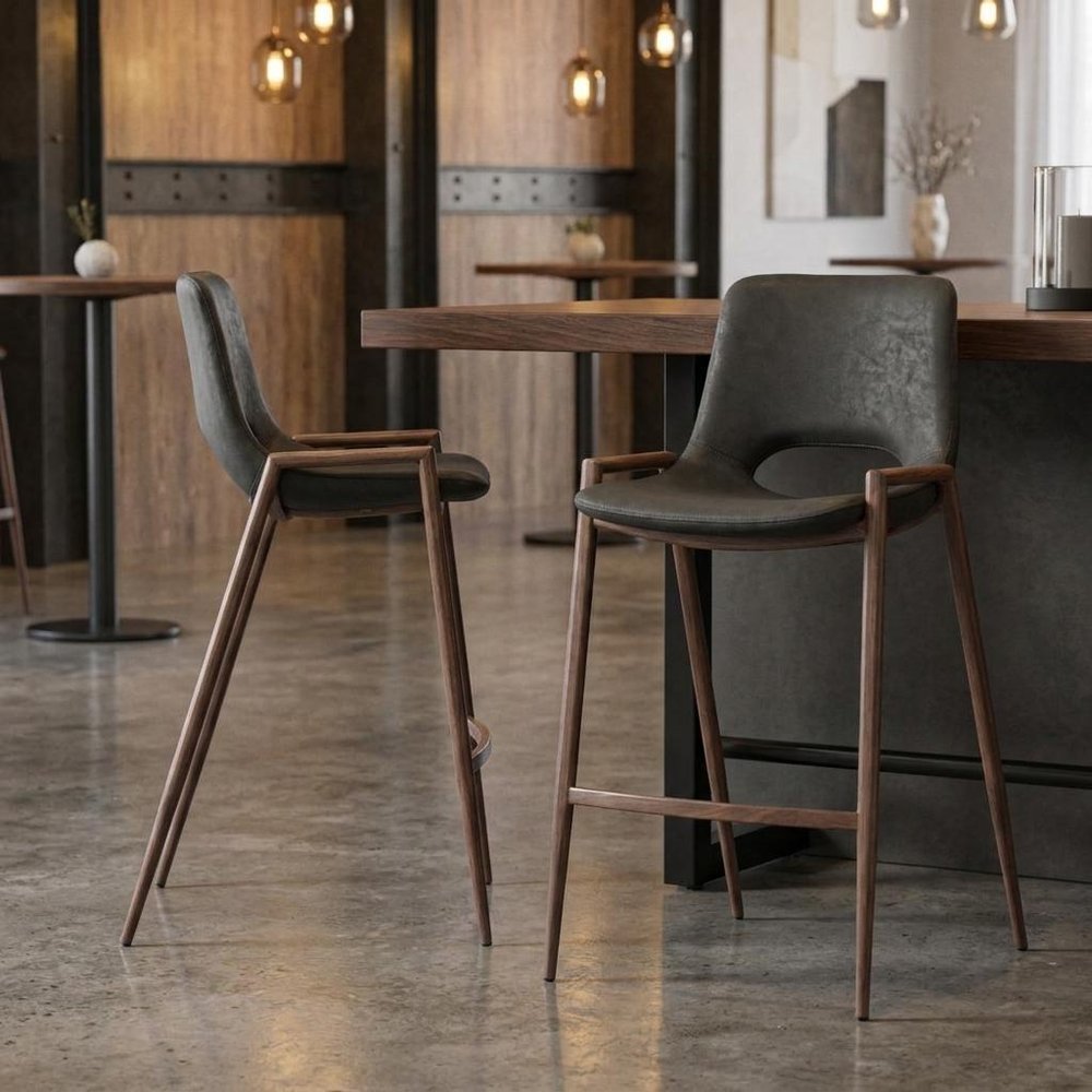 Set of Two 26" Black And Brown Faux Leather And Steel Low Back Counter Height Bar Chairs