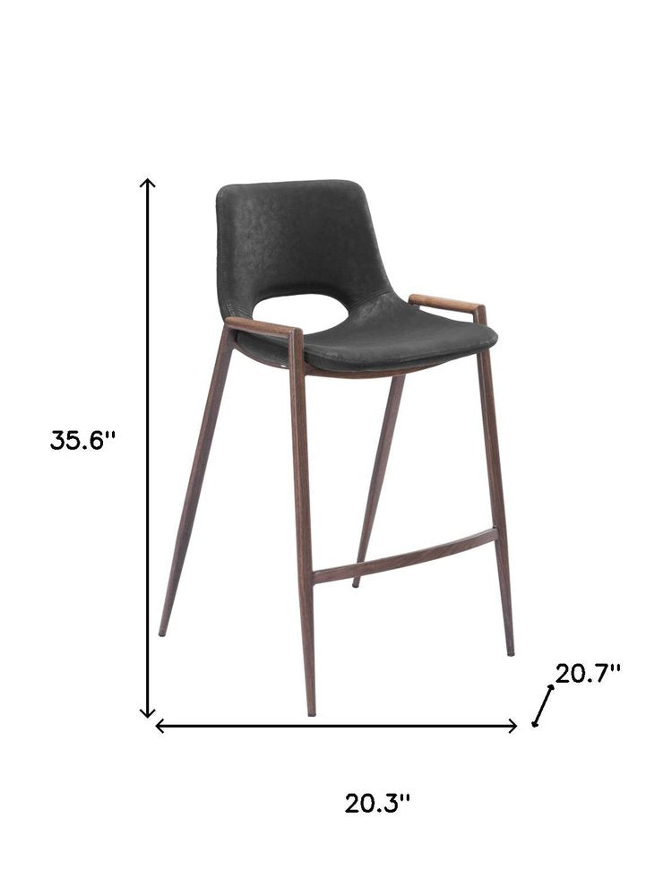 Set of Two 26" Black And Brown Faux Leather And Steel Low Back Counter Height Bar Chairs