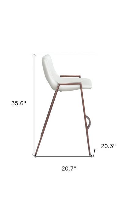 Set of Two 26" White And Brown Faux Leather And Steel Low Back Counter Height Bar Chairs